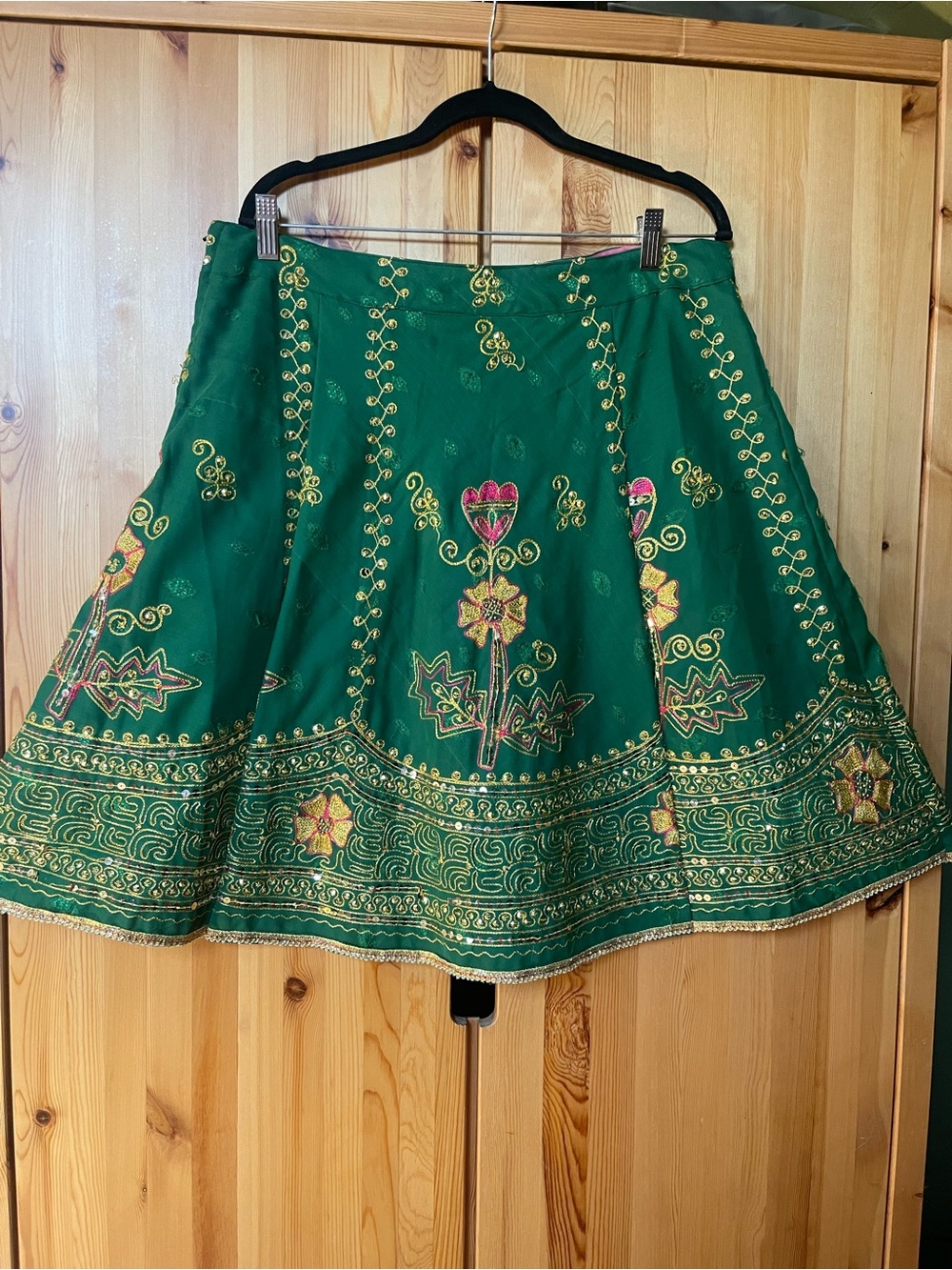Gold and Pink Embroidered Green Indian Skirt